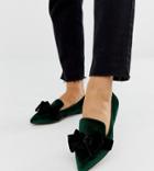 Asos Design Wide Fit Ludo Bow Pointed Ballet Flats In Green Velvet - Green