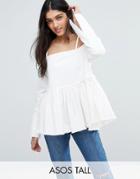 Asos Tall Denim Off Shoulder Top With Pleated Peplum And Cuff Detail - White