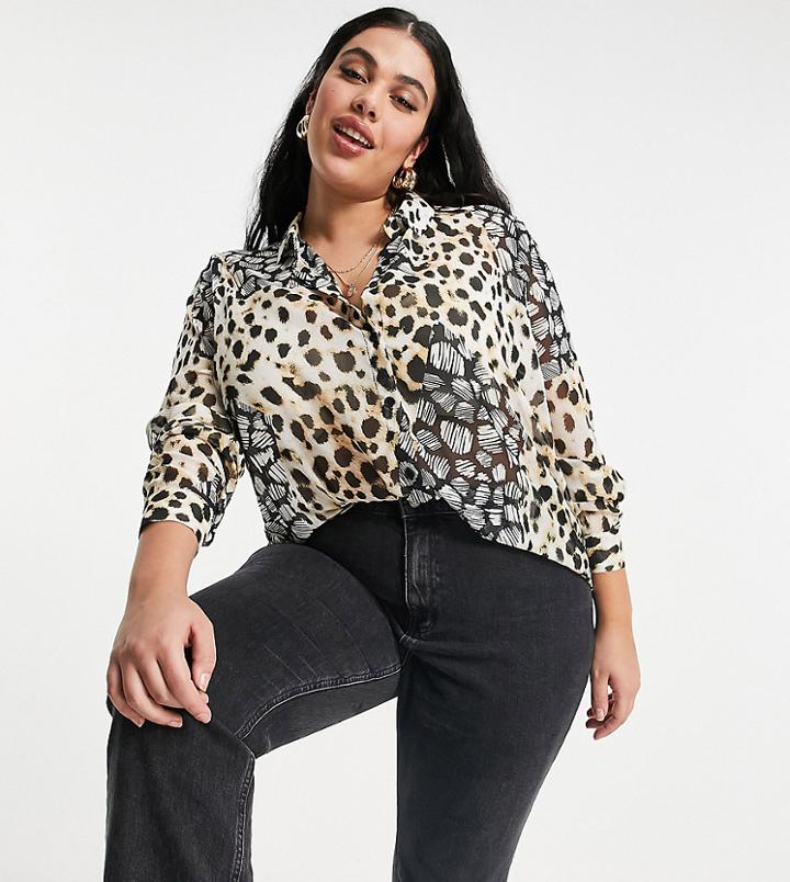 Asos Design Curve Long Sleeve Soft Shirt In Mixed Animal Scarf Print-multi