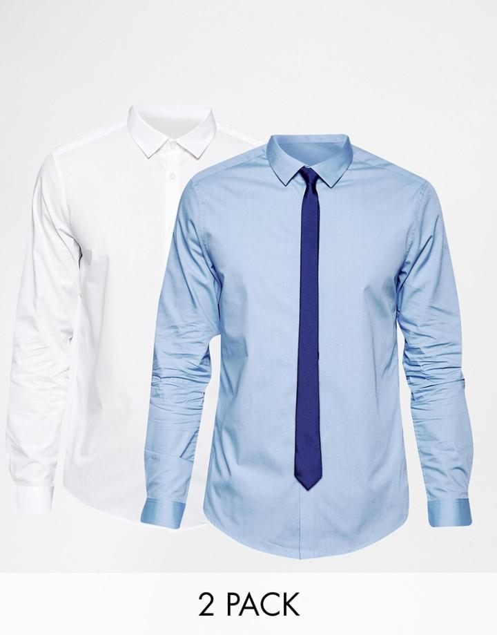 Asos White And Blue Shirt 2 Pack With Navy Tie Set - Multi