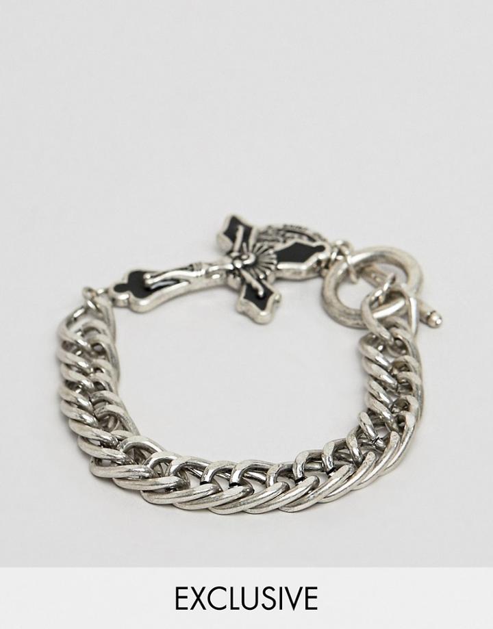 Reclaimed Vintage Chunky Bracelet In Burnished Silver With Cross And St Christopher Coin - Silver