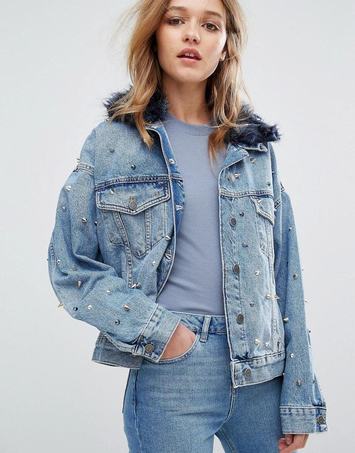 Pull & Bear Studded Faux Fur Collar Denim Jacket - Blue