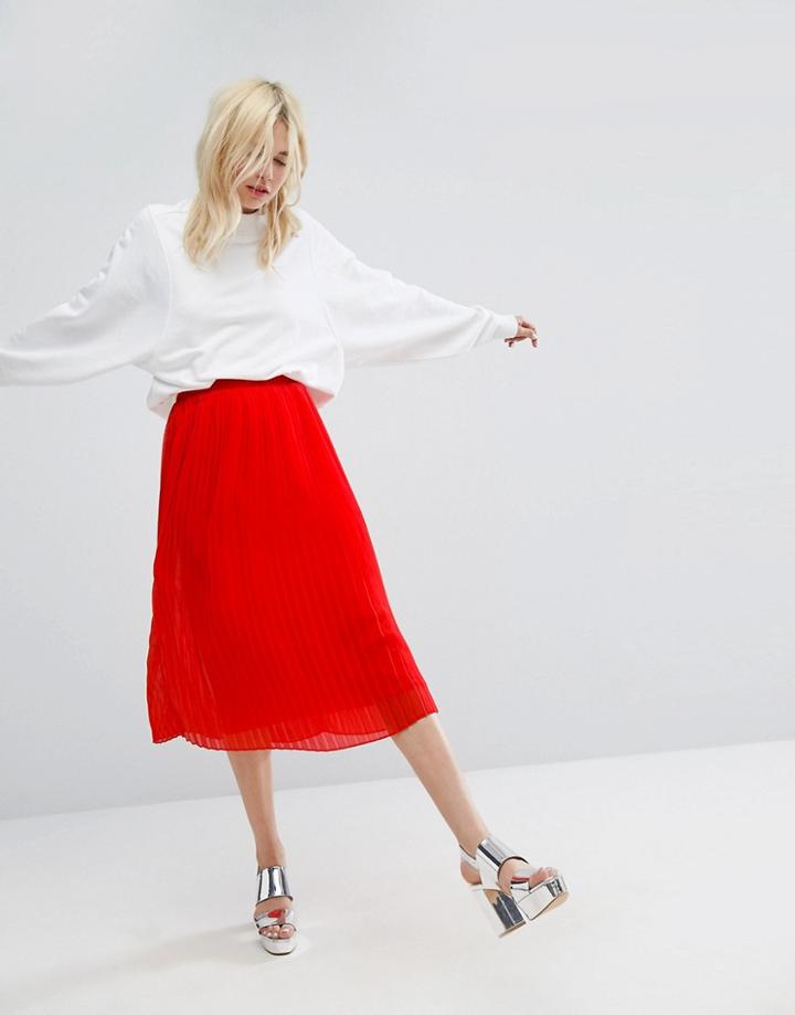 Monki Frill Hem Midi Skirt - Red