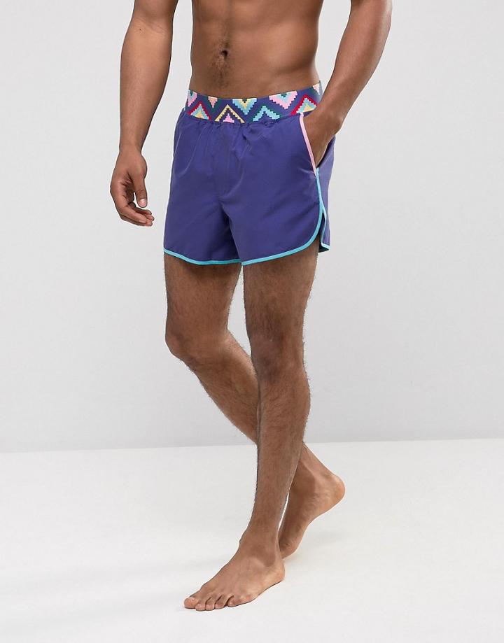 Asos Runner Swim Shorts With Geo-tribal Waistband And Contrast Binding In Short Length - Purple
