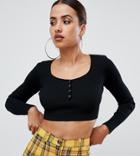 Missguided Ribbed Popper Detail Cropped Top In Black - Black