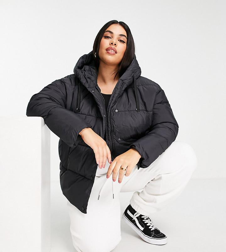 Vero Moda Curve Padded Coat With Hood In Black
