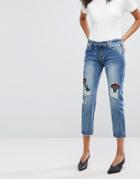 Evidnt Floral Patch Slim Leg Jeans - Blue