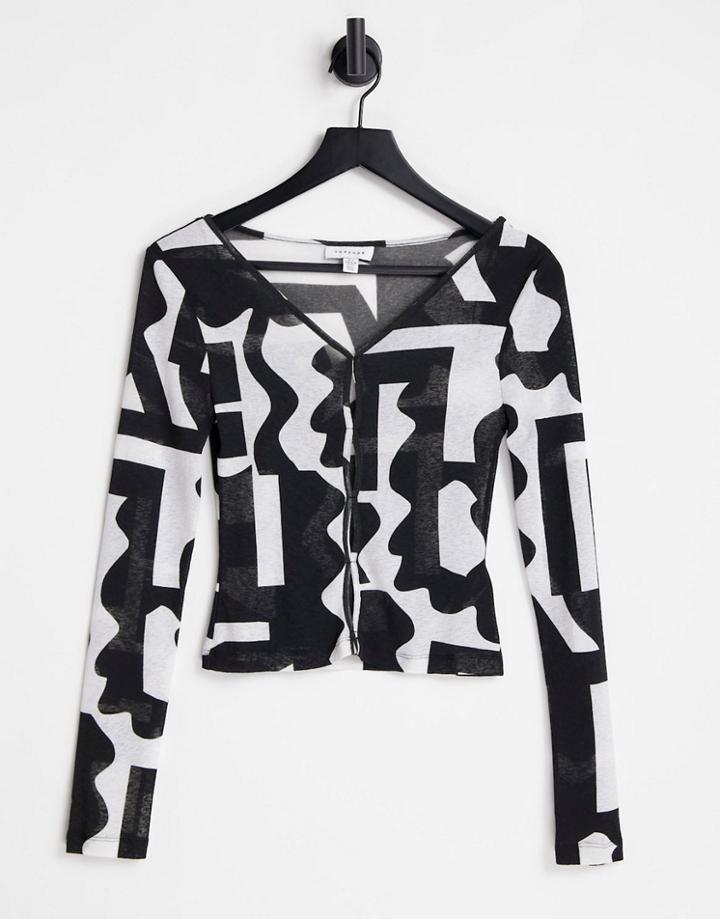 Topshop Print Front Cutout Mesh Top In Monchrome-black