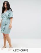 Asos Curve Mini Wrap Dress With Ruffle Sleeve - Blue