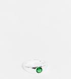 Asos Design Sterling Silver Slim Signet Ring With Green Stone In Burnished Silver