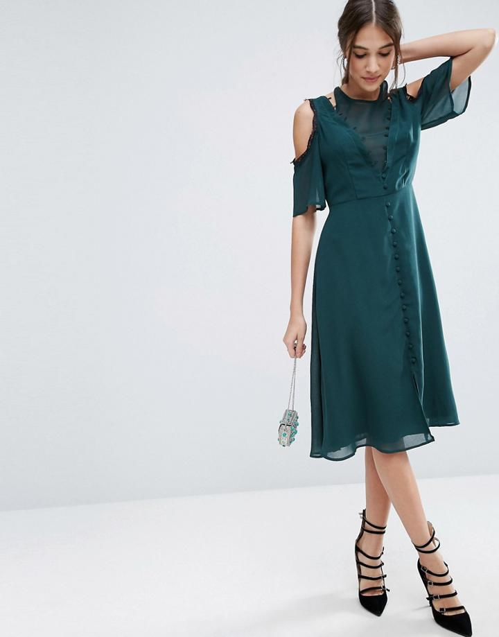 Asos Cold Shoulder Midi Lace Dress With Rouleau Detail - Green