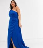 Chi Chi London Plus Satin One Shoulder Statement Maxi Dress In Cobalt-blue