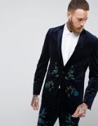 Asos Skinny Tuxedo Suit Jacket In Navy Velvet With Placement Embroidery - Navy