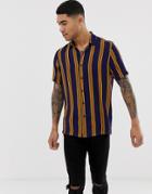 Asos Design Regular Fit Stripe Shirt In Blue And Brown - Brown