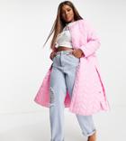 Pieces Curve Tie Waist Quilted Longline Jacket In Bright Pink