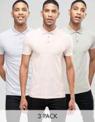Asos 3 Pack Muscle Pique Polo Shirt In Pink/green/blue Save - Multi