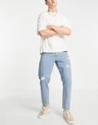 Asos Design Classic Rigid Jeans In 'less Thirsty' Mid Wash With Abrasions-blues