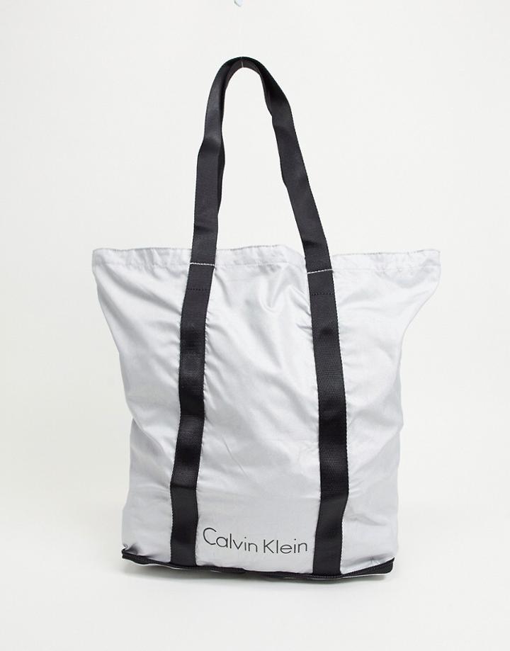 Calvin Klein Packable Metallic Tote Bag-silver