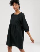 Monki Smock Dress With Square Neck In Black