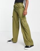 Pull & Bear Cargo Straight Leg Pants With Side Pockets In Khaki-green