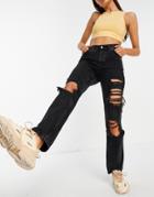 Asos Design Organic Mid Rise '90s' Straight Leg Jeans In Washed Black With Extreme Rips