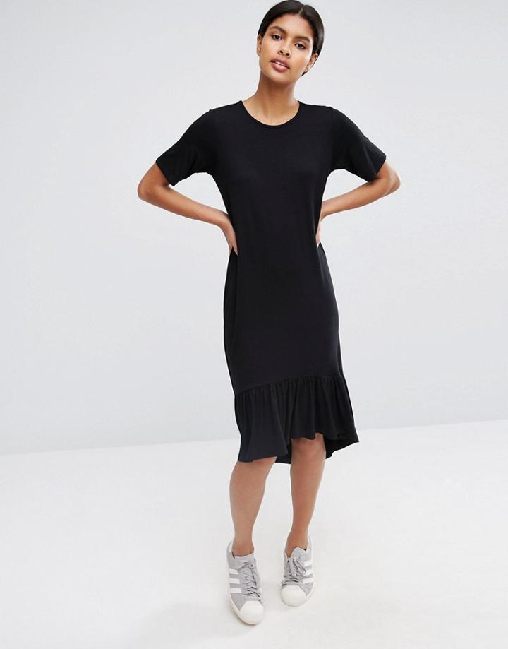 Asos Frill Hem Midi T-shirt Dress - Black