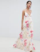 Asos Design Pleated Maxi Dress In Rose Floral Print - Multi