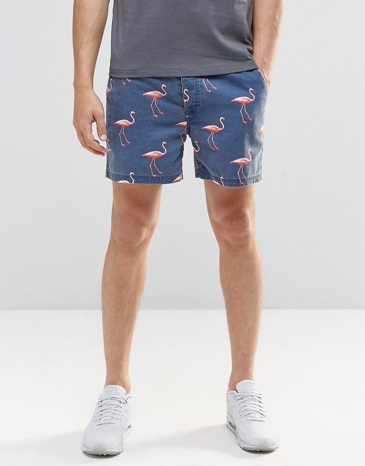 Asos Slim Short In Short Length With Pink Bird Print - Blue