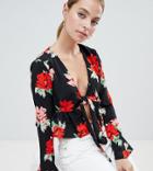 Missguided Petite Tie Front Blouse In Black Floral - Black