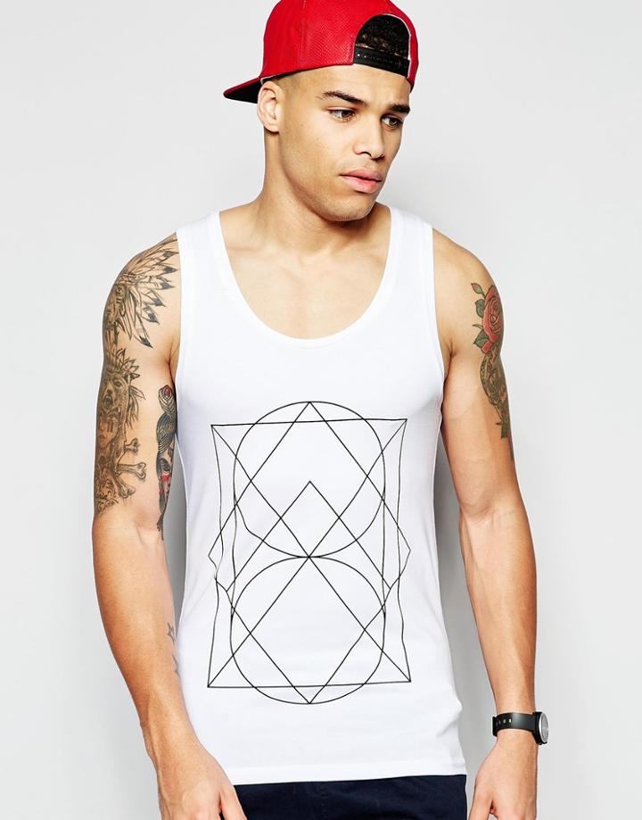 Asos Muscle Tank With Linear Print In White - White