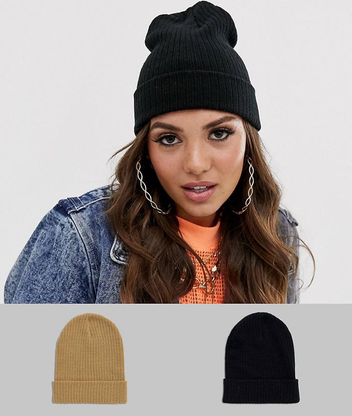 Asos Design 2 Pack Rib Beanie In Black And Camel - Multi