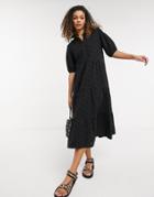 Asos Design Broderie Midi Tiered Shirt Dress With Short Sleeves In Black