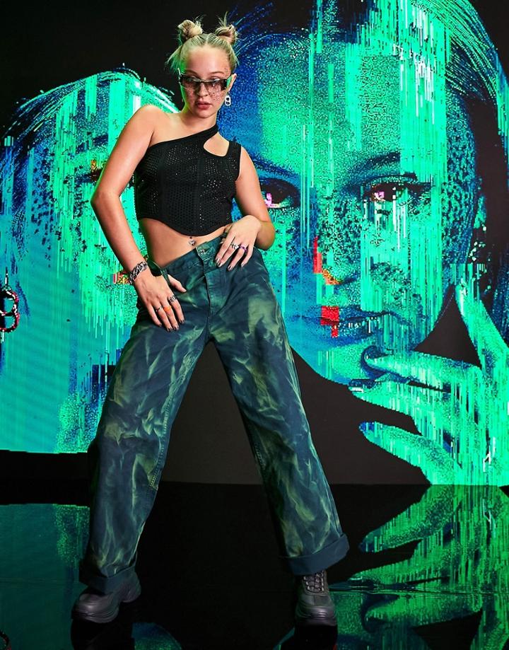 Asos Design Boyfriend Utility Pants In Green Bleach Wash