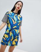 Adidas Originals X Farm T-shirt Dress With Trefoil Logo In Tropical Print - Multi
