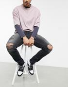 Asos Design Skinny Jeans With 'less Thirsty' Wash In Black With Heavy Rips