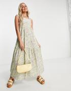 Qed London Strappy Back Midi Dress In Sage Floral Print-multi
