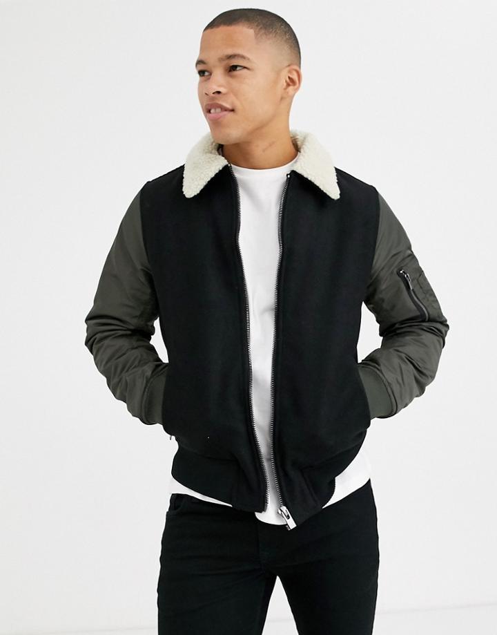 River Island Jacket In Khaki With Fleece Collar-green