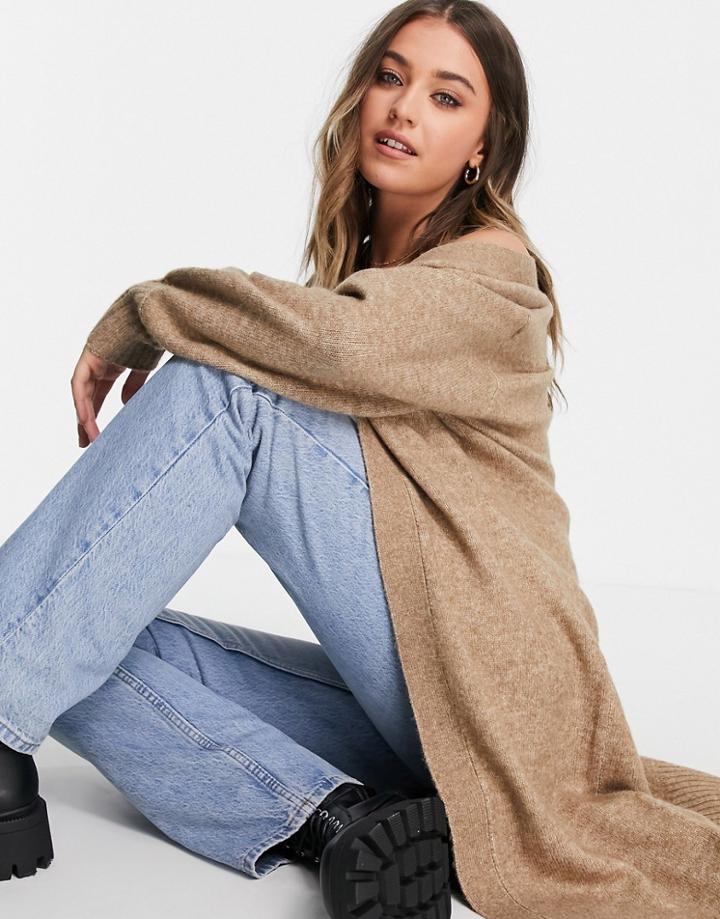 Asos Design Fluffy Maxi Cardi With Volume Sleeve In Camel-neutral