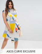 Asos Curve Tea Dress With Frill In Contemporary Print - Multi