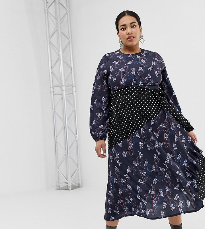 Lost Ink Plus Midaxi Dress With Tie Waist In Mixed Print - Multi