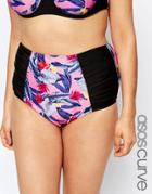 Asos Curve Bright Palm Leaf Print High Waist Bikini Bottom With Ruched Sides And Support - Bright Palm