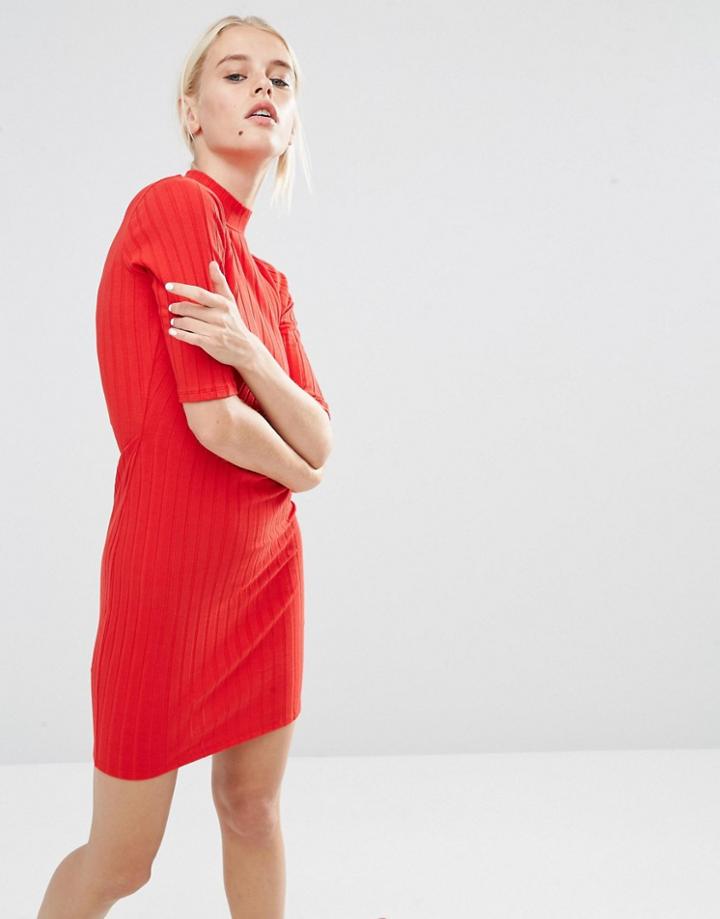 Asos Chunky Rib Bodycon Dress With Half Sleeve - Red