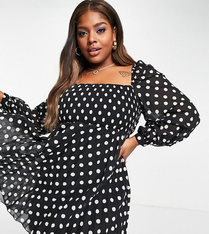 Asos Design Curve Square Neck Pleated Mini Skater Dress In Mono Spot Print-multi
