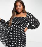Asos Design Curve Square Neck Pleated Mini Skater Dress In Mono Spot Print-multi