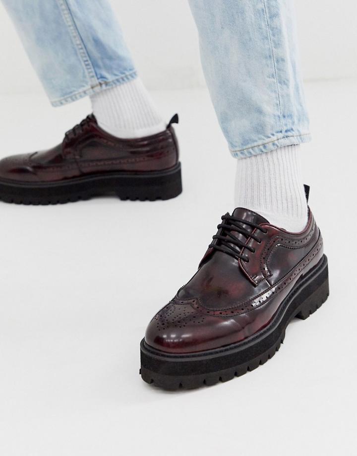 Asos Design Brogue Shoes In Burgundy Faux Leather With Chunky Sole-red