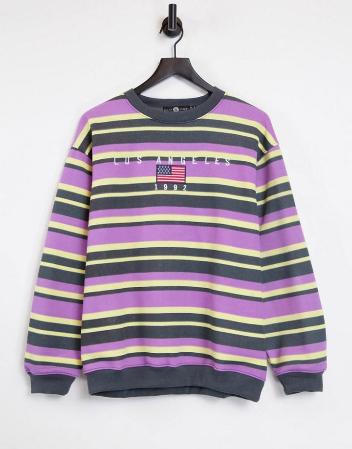 Daisy Street Relaxed Sweatshirt With Los Angeles Embroidery In Retro Stripe-purple