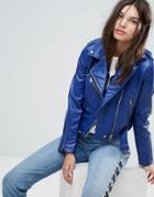 Bershka Faux Leather Biker Jacket - Blue