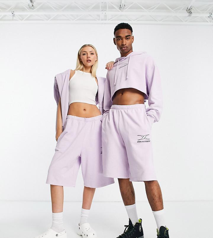 Collusion Unisex Shorts With Print In Purple Acid Wash - Part Of A Set