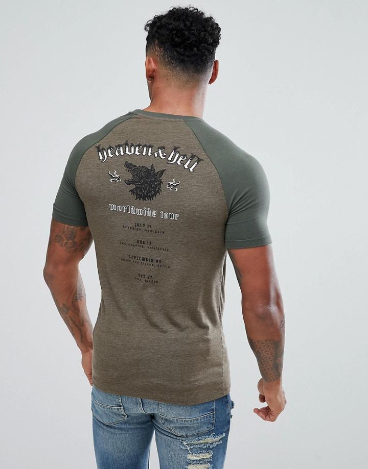 Asos Design Muscle Raglan T-shirt With Heaven And Hell Back Print - Green