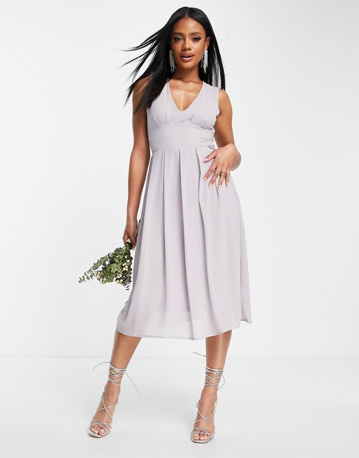 Tfnc Bridesmaid Chiffon V Front Midi Dress With Pleated Skirt In Gray